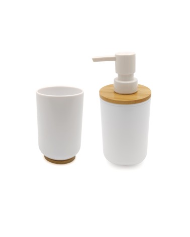 Set 2 Accesorios Baño de Bambú Estilo nordico Blanco Dispensador y vaso