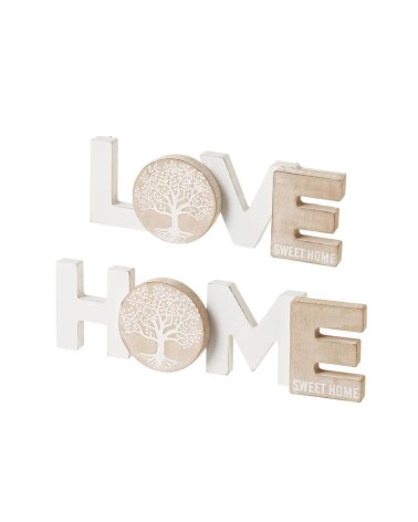 Set de 2 murales Home y Love de madera en blanco y natural de 30x8 cm