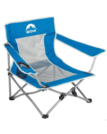 Silla plegable camping color azul, asiento bajo, con portavasos, soporta 110 kg, estructura de acero, tejido de poliéster