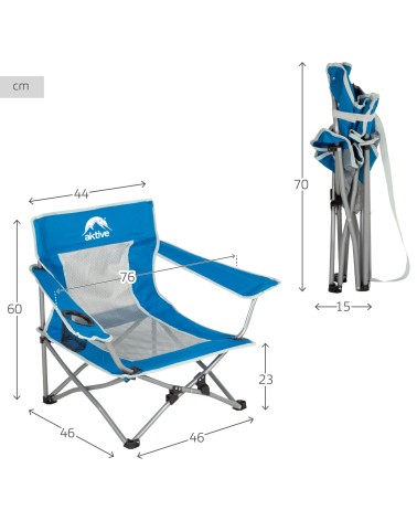 Silla plegable camping color azul, asiento bajo, con portavasos, soporta 110 kg, estructura de acero, tejido de poliéster