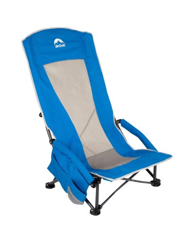 Silla Plegable Azul 56x46x94 cm, Asiento bajo, Respaldo Alto, Bolsillo Topes antivuelco, Soporta 110 kg