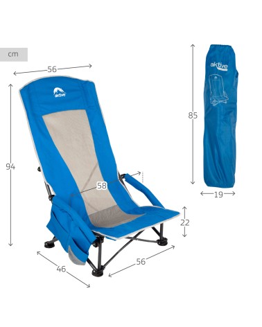 Silla Plegable Azul 56x46x94 cm, Asiento bajo, Respaldo Alto, Bolsillo Topes antivuelco, Soporta 110 kg