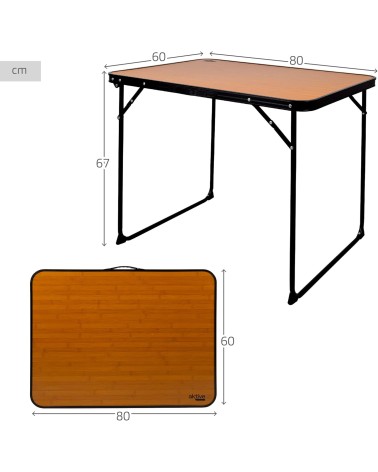 Mesa plegable camping portátil antivuelco, diseño madera con asa para transportar, medidas 80x60x67cm