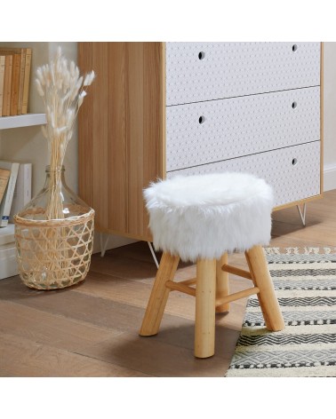 Taburete Auxiliar Oslo Pelo Sintético Blanco Con Altura 42cm Diametro 30cm