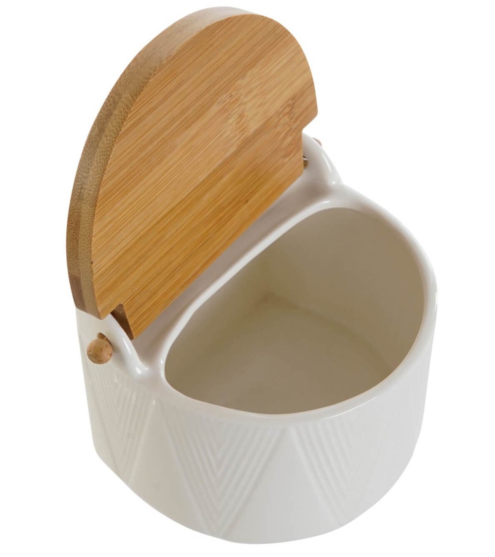 Salero de porcelana blanco con tapa de bambu estilo nordico