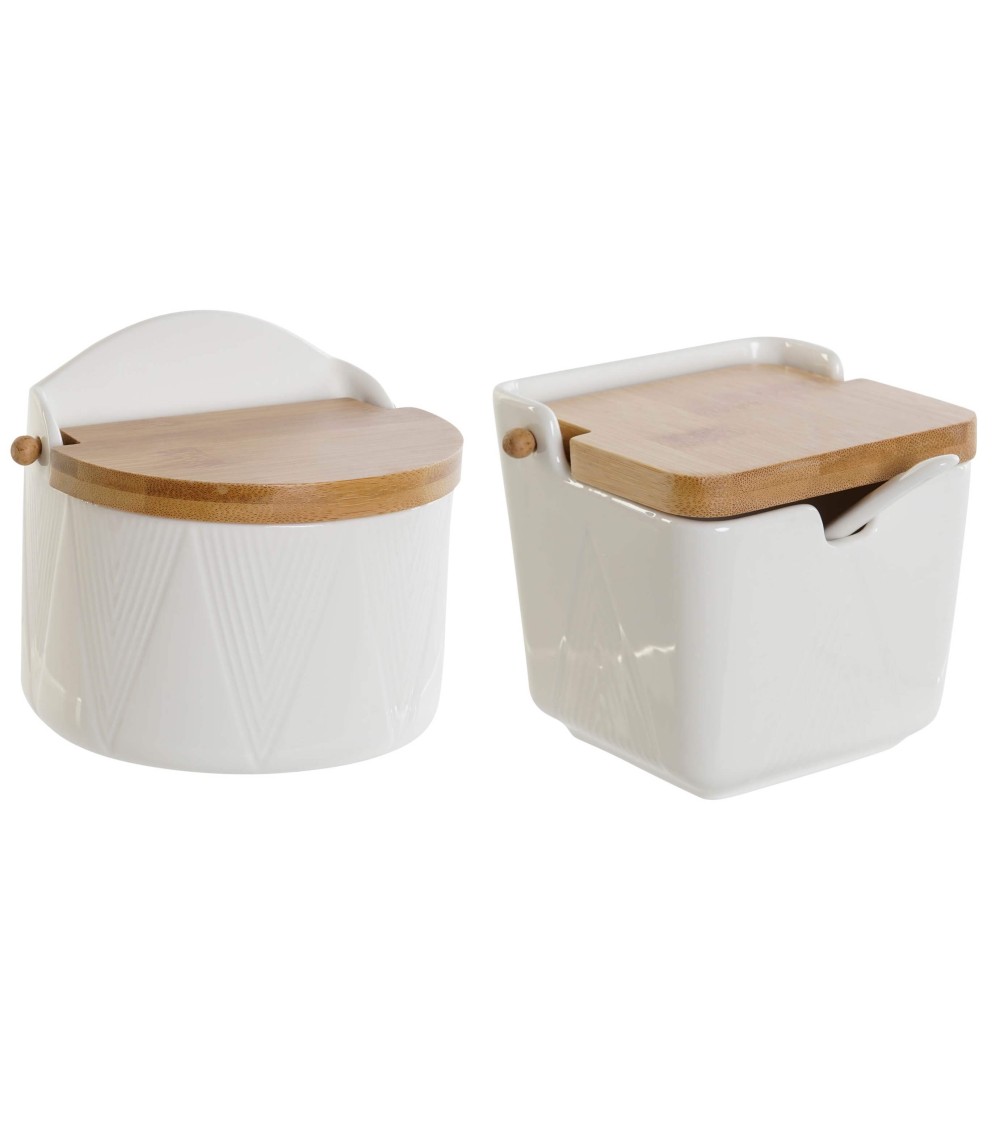Saleros y Azucareros Salero y azucarero cocina blanco minimalista ceramica  con tapa madera 120020-120112